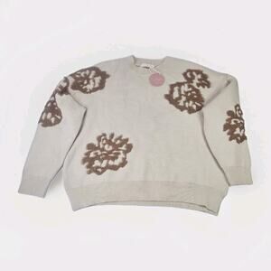 NWT Intarsia Floral Knitted Oversized Sweater Large Cream Brown Flowers